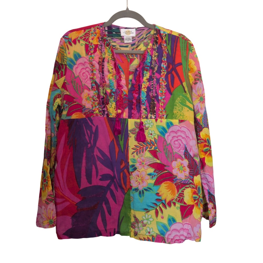 Vintage Sandy Starkman Tunic Women XL Multi Color Floral Patchwork Ruffle Tassel